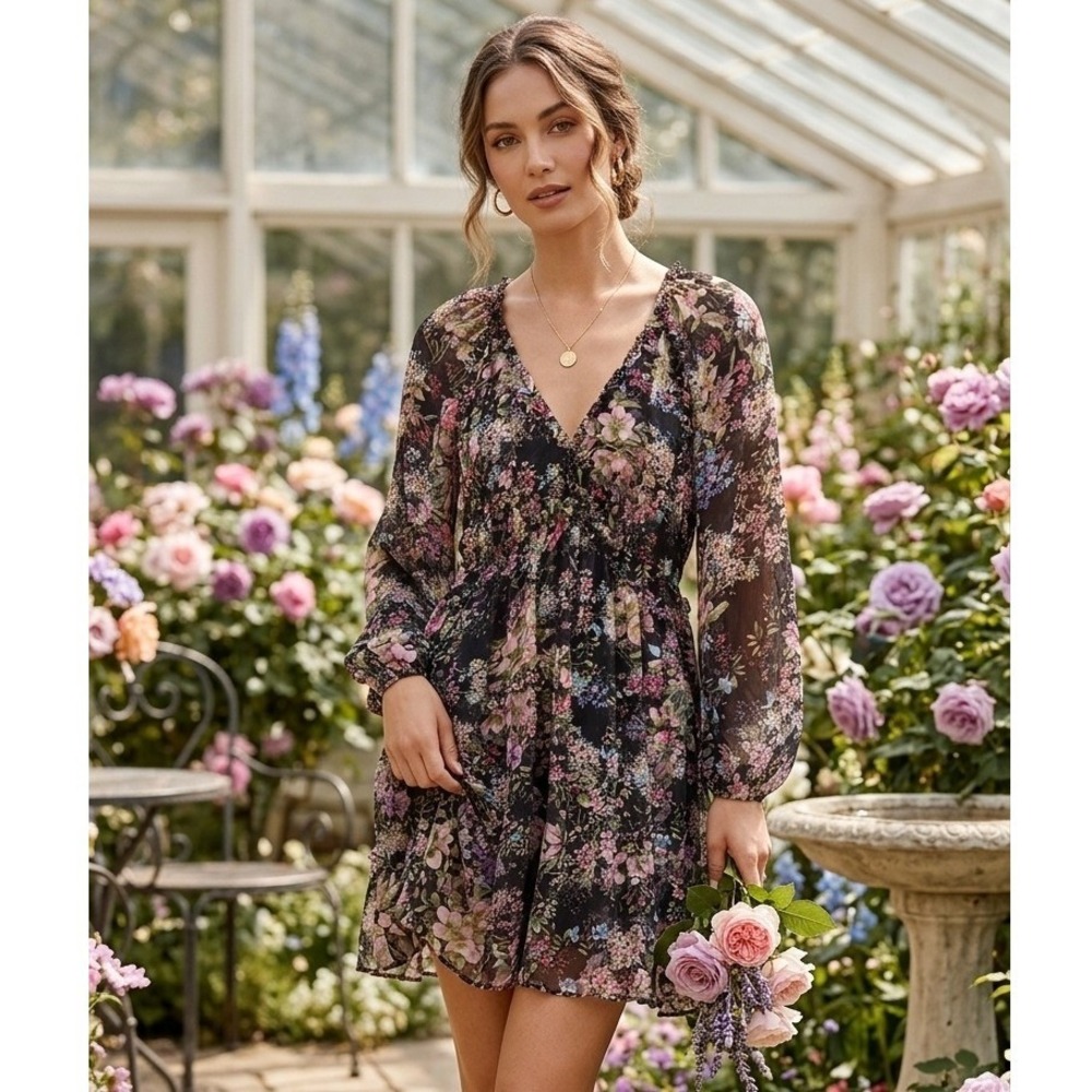 Lucy Paris Floral Balloon Sleeve V-Neck Ruffle Mini Dress Black Multi L